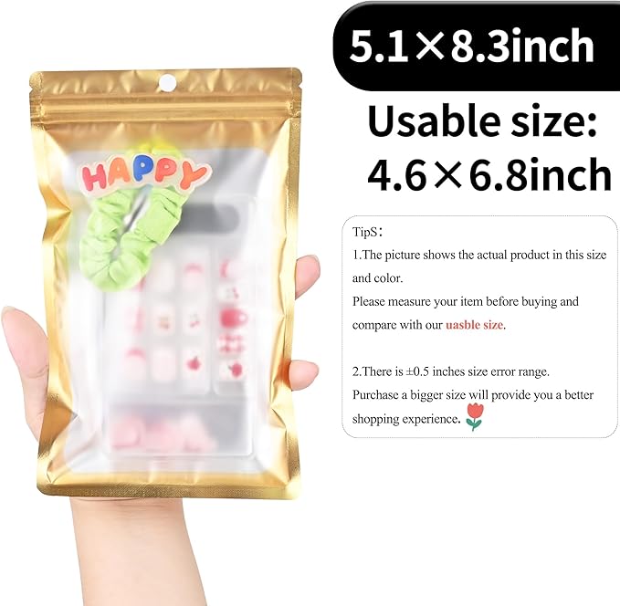 100 Pack Resealable Plastic Bags for Food Storage, Zipper Bags with Clear Front Window, Packaging Pouch for Small Business (Gold, 5.1x8.3 inch)