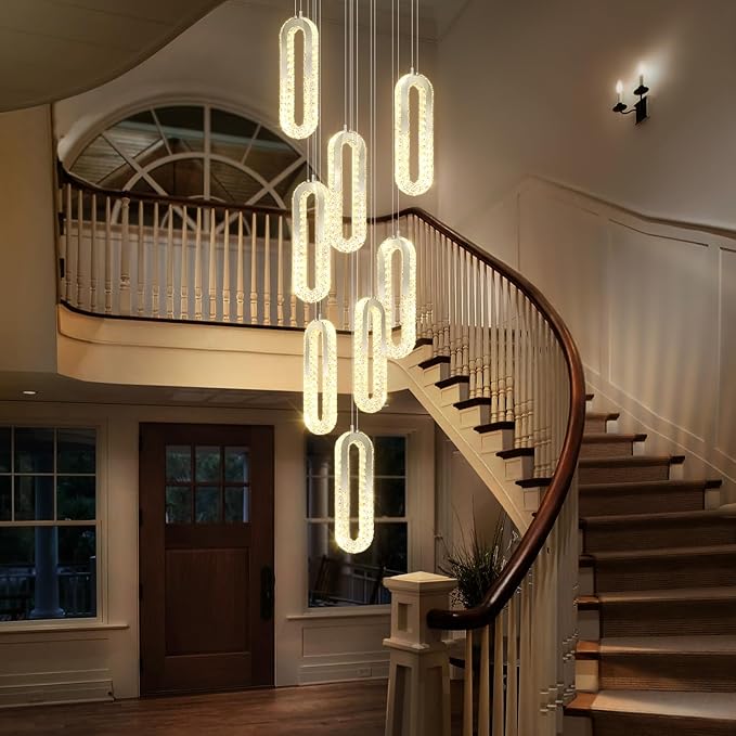 8 Rings Crystal Chandelier,H 118" Modern Silver Pendant Light Luxury Foyer Lighting Fixture High Ceiling Chandelier for Entryway,Staircase,Living Room,Villa LED Dimmable 2700K-6000K