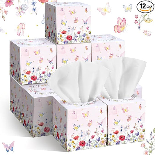 12 Pack Summer Floral Butterfly Facial Tissues Cube Boxes 600 Sheets 3 Ply Small Flower Face Tissues Bulk for Summer Car Bedroom Supplies