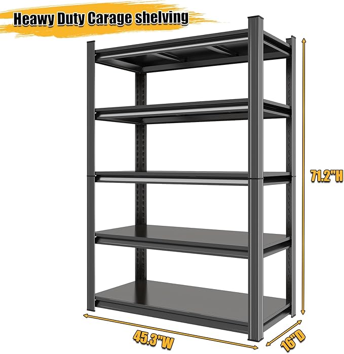 5 Tier Garage Storage Shelves, 45.3" W Garage Shelving Heavy Duty, Industrial Metal Shelving Unit, 2500LBS Adjustable Steel Utility Shelf, Use for Basement, Warehouse, Pantry Closet, Black