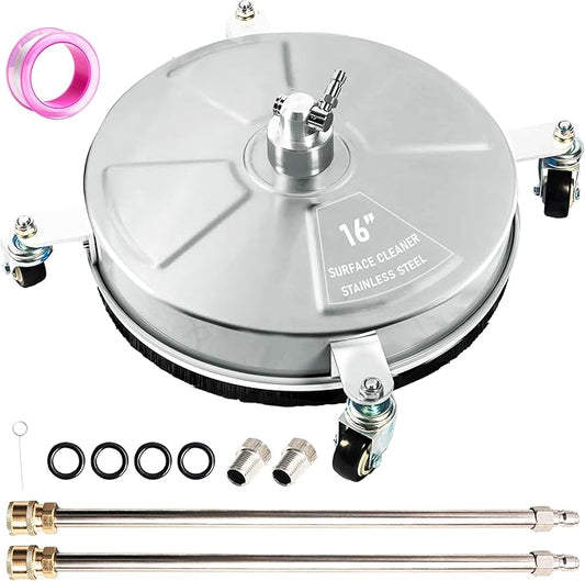 16" Pressure Washer Surface Cleaner with 4 Wheels, Stainless Steel Power Washer Surface Cleaner for Driveways Sidewalks Patios, 1/4" Quick Connector, 2 Extension Wand, 4000 PSI