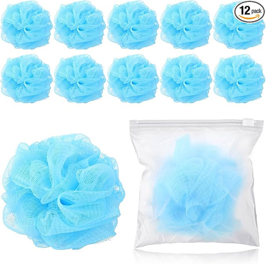 12 Pcs Travel Size Loofah Individually Wrapped, Small Shower Puff Bath Sponge Pouf Ball Bulk Mesh Bath Puff Mini Loofah Sponge with Case Bulk for Shower Care (25g,Blue)
