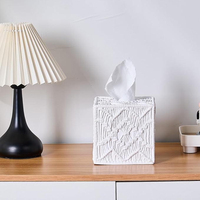 White Woven Macrame Boho Tissue Box Cover Square for Home Decor,Resin Heavy Woven Tissue Box Holder for Bathroom Kitchen Countertop,Bedroom, Vanity, Night Stand, Office Desk Top, Waterproof Durable