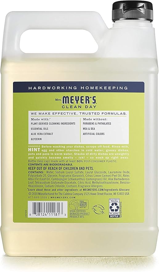 Mrs. MEYER'S CLEAN DAY Liquid Dish Soap Refill, Biodegradable Formula, Lemon Verbena, 48 Fl Oz. (Pack of 3)