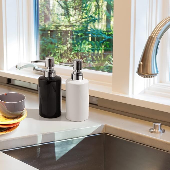 FE Soap Dispenser, 300ml/10oz Ceramic Liquid Soap Pump Dispenser, Refillable Dish Soap Dispenser for Kitchen Bathroom Washroom (White)