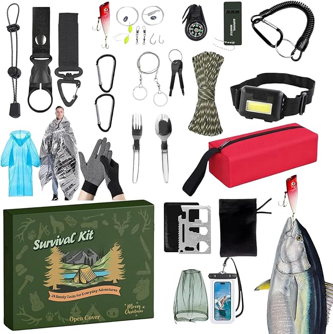 24-Day Survival Kit Advent Calendar - Christmas Countdown Calendar with Survival Tools, Outdoor Gear for Hiking Fishing Hunting Adventure, Practical Holiday Gift for Men Husband Dad Friends
