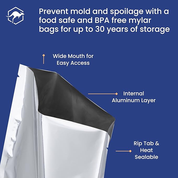 Wallaby 50 Count 1-Gallon Mylar Bags with Labels, 10 Mil Total Thickness Long-Term Food Storage Pouches, 10x14 Heat-Sealable Airtight Packaging - Silver