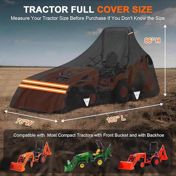 Heavy-Duty All-Weather Protection Tractors Cover, 420D Waterproof Tractor Cover for Front Loaders & Backhoes, Compatible with John Deere, Kubota, Mahindra, 189" L x 76" W x 86" H