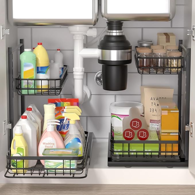 Under Sink Organizer, Adjustable Height Pull-Out Kitchen Storage Organization,15.8" x 11.8" x 16.5",2-Tier Kitchen Shelf,Bathroom Drawer Organizer, Black