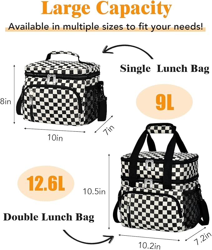 Insulated Lunch Bag for Men & Women - Leakproof Lunch Box Soft Cooler Tote, Adjustable Strap, Reusable Lunch Box for Work Office Picnic Beach Travel-Corduroy Black Checkered