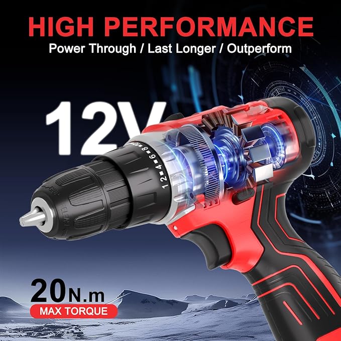 12V Cordless Drill Kit, Red, 2 Batteries & Fast Charger Included, Lightweight, 2-Speed Control, 3/8" Keyless Chuck, 24+1 Torque, LED Light for DIY Wood/Metal