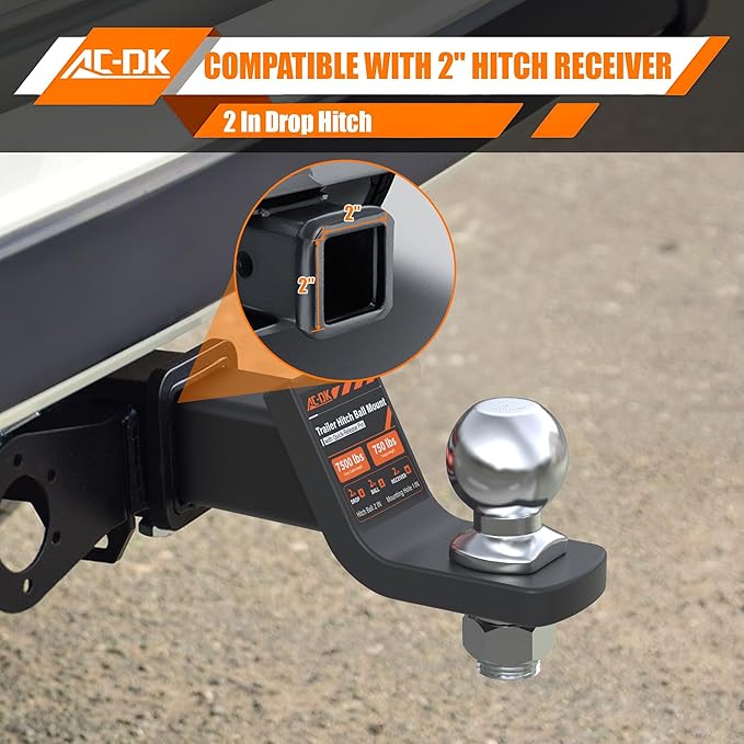 AC-DK Trailer Hitch Mount with 2-Inch Ball & Pin, Fits 2-in Receiver, 7,500 lbs Capacity Ball Hitch, 2" Drop
