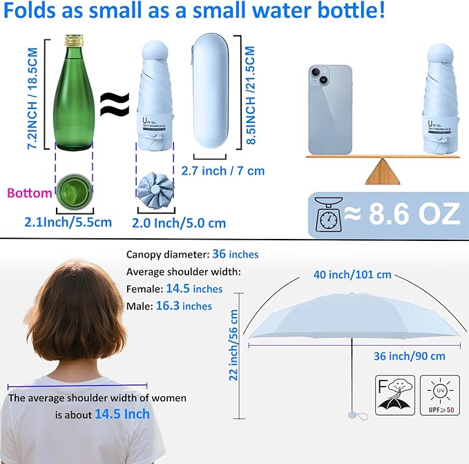 BAODINI Travel Essentials Mini Umbrella for Purse With Case Small Compact UV Sun Protection Lightweight Tiny Pocket Manual Open Close Umbrella for Women Kids and Men Fit Purse Backpack