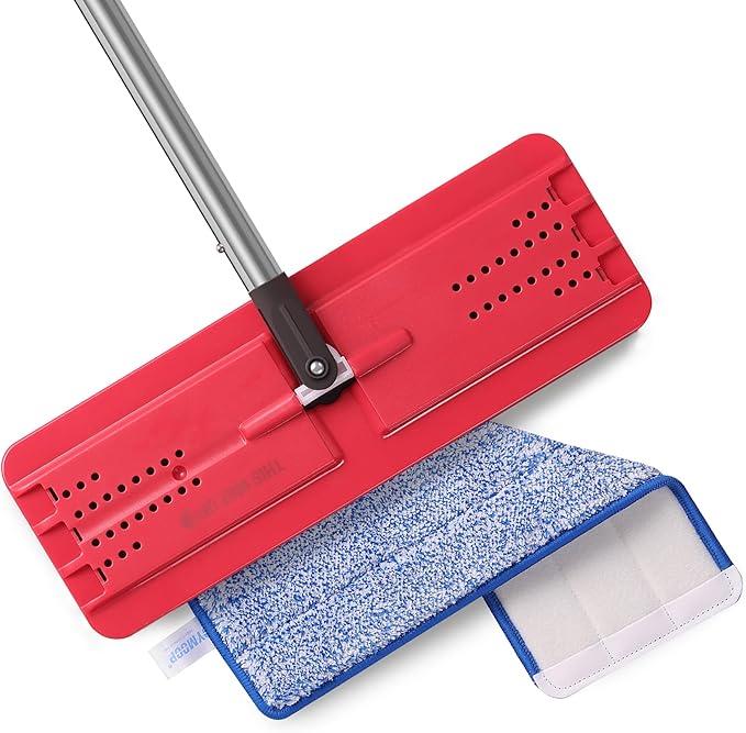 JOYMOOP Flat Mop, Microfiber Mops for Floor Cleaning and Wall Cleaner, 60" Long Handle with Flexible 13" Flat Head with a Microfiber Mop Pad - Black & Red