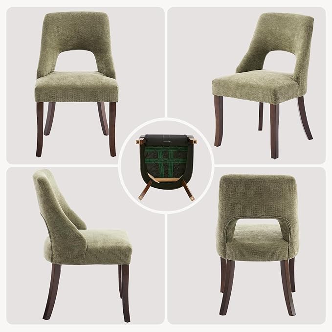 UVV Wooden Dining Chairs Set of 2, Mid Century Modern Chenille Upholstered Dining Room Chair Kitchen Chairs, Farmhouse Dinner Chair with Solid Wood Legs for Kitchen Dining Room, Green
