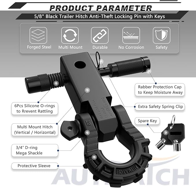 AUTMATCH Shackle Hitch Receiver 2" with 3/4" Mega D Ring Shackle and 5/8" Trailer Hitch Lock Pin, 68,000 Lbs Break Strength Heavy Duty Receiver Towing Kit for Off-Road Vehicle Recovery, Matte Black