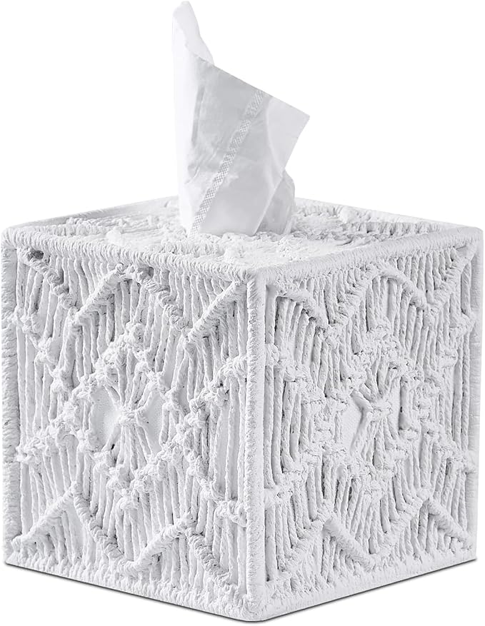 White Woven Macrame Boho Tissue Box Cover Square for Home Decor,Resin Heavy Woven Tissue Box Holder for Bathroom Kitchen Countertop,Bedroom, Vanity, Night Stand, Office Desk Top, Waterproof Durable