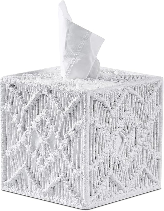 White Woven Macrame Boho Tissue Box Cover Square for Home Decor,Resin Heavy Woven Tissue Box Holder for Bathroom Kitchen Countertop,Bedroom, Vanity, Night Stand, Office Desk Top, Waterproof Durable