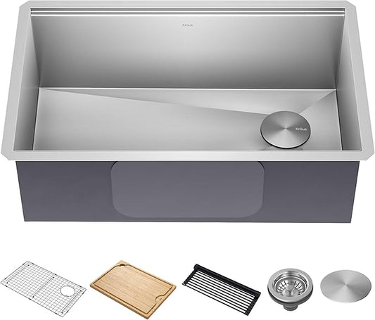 KRAUS Kore Workstation 30-inch Undermount 16 Gauge Stainless Steel Kitchen Sink, Single Bowl Kitchen Sink with Accessories, KWU110-30