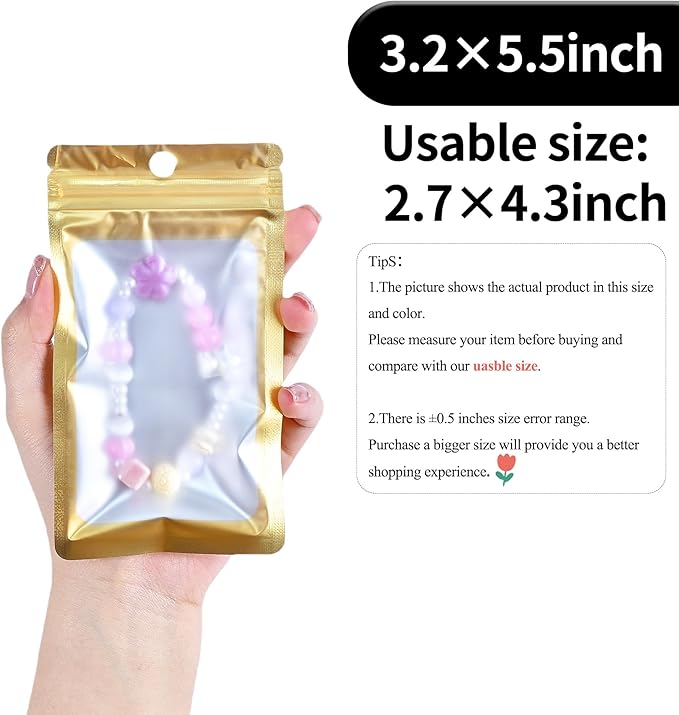 100 Pack Resealable Plastic Bags for Food Storage, Zipper Bags with Clear Front Window, Packaging Pouch for Small Business (Gold, 3.2x5.5 inch)