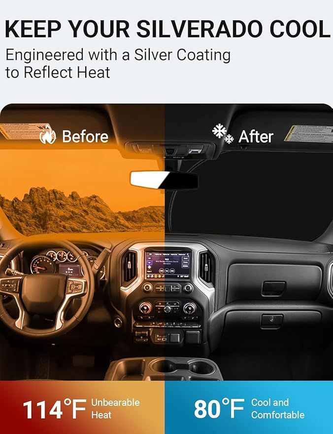 Proadsy 2025 Upgrade Windshield Sun Shade Custom Fit Chevy Silverado 1500 2Dr 4Dr 2019-2024 2025 4-Layer Foldable Front Sunshade Protector Sun Visor Blocks UV Rays Keep Car Cooler Accessories