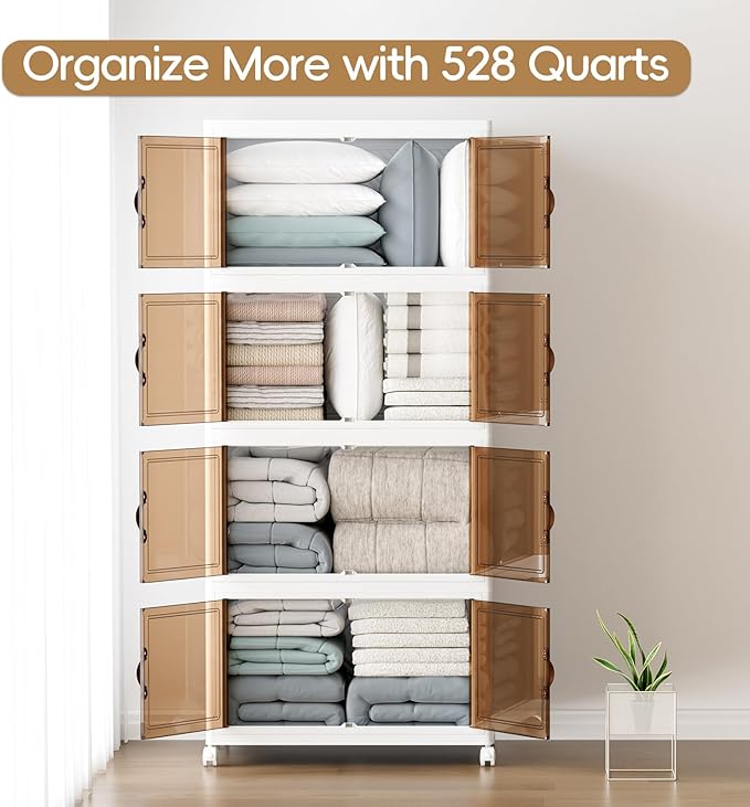 JEKO&JEKO 525Qt Stackable Storage Bins with Lids and Wheels, Foldable Collapsible Plastic Drawer Boxes for Clothes, Home, White, 4 Pack