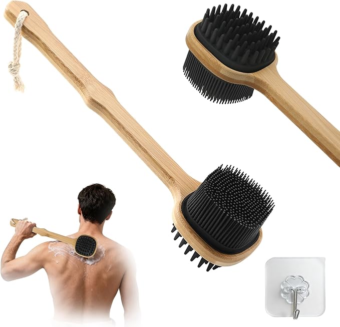 Silicone Back Scrubber for Shower, Silicone Bath Body Brush Loofah with Long Handle, Dual-Sided Shower Brush for Body, Black Exfoliating Body Scrubber for Men Women, Back Washer for Men with Hook