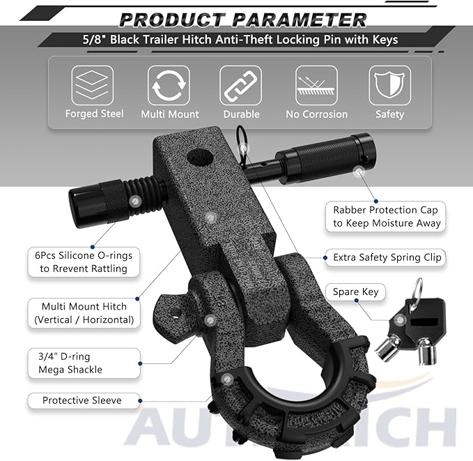 AUTMATCH Shackle Hitch Receiver 2" with 3/4" Mega D Ring Shackle and 5/8" Trailer Hitch Lock Pin, 68,000 Lbs Break Strength Heavy Duty Receiver Towing Kit for Off-Road Vehicle Recovery, Grainstone