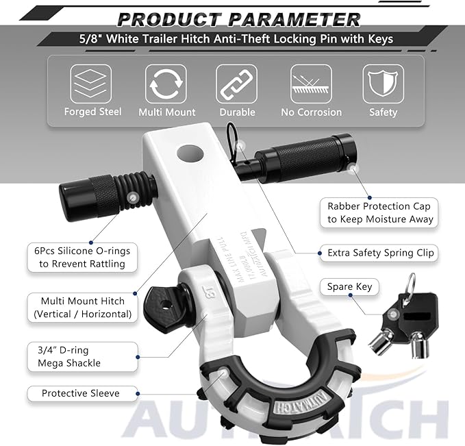AUTMATCH Shackle Hitch Receiver 2" with 3/4" Mega D Ring Shackle and 5/8" Trailer Hitch Lock Pin, 68,000 Lbs Break Strength Heavy Duty Receiver Towing Kit for Off-Road Vehicle Recovery, White