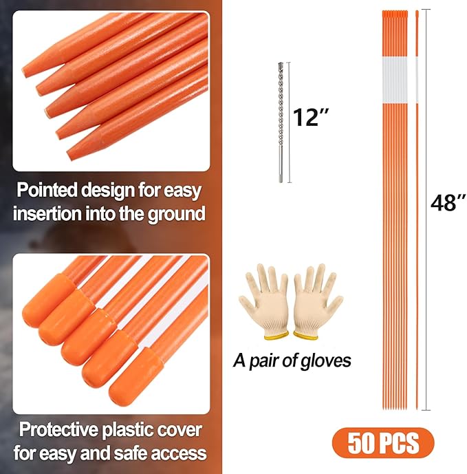 50 Pack 48 Inch Driveway Markers- Fiberglass Snow Plow Markers Snow Stakes Reflective Driveway Markers for Snow Plowing Parking Lots Walkways Easy Visibility at Night (1/4" Dia) Orange(50Pcs)
