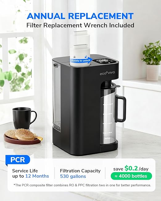 Ecoviva Mate 3 Countertop Reverse Osmosis Water Filter, 8-Stage RO Water Filtration System with 40oz Water Purifier for Home, 3:1 Pure to Drain, Auto Water-Filling, NSF Certified