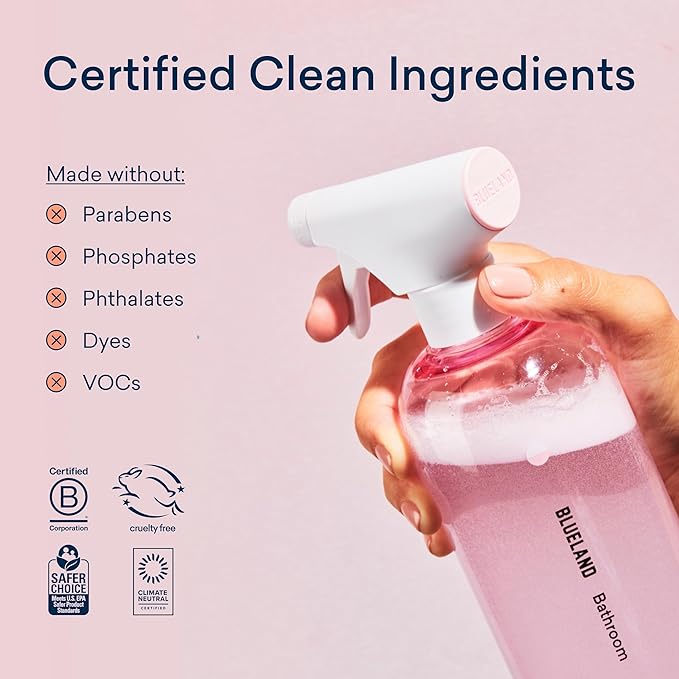 BLUELAND Bathroom Cleaner, Starter Set, Eucalyptus Mint Scent, Spray Bottle with 4 Refill Tablets, Eco-Friendly Cleaning Supplies, 4 x 24 Fl oz