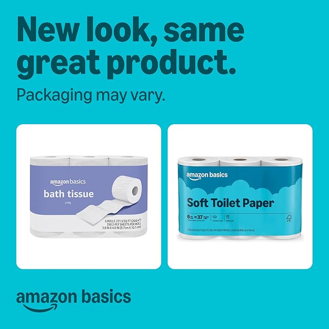 Amazon Basics 2-Ply Soft Toilet Paper, 30 Rolls (5 Packs of 6), Equivalent to 185 Regular Rolls, Packaging May Vary