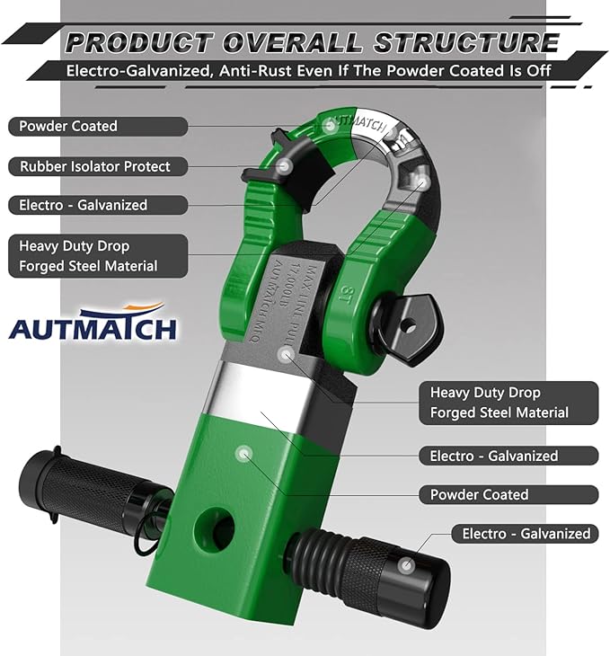 AUTMATCH Shackle Hitch Receiver 2" with 3/4" Mega D Ring Shackle and 5/8" Trailer Hitch Lock Pin, 68,000 Lbs Break Strength Heavy Duty Receiver Towing Kit for Off-Road Vehicle Recovery, Dark Green