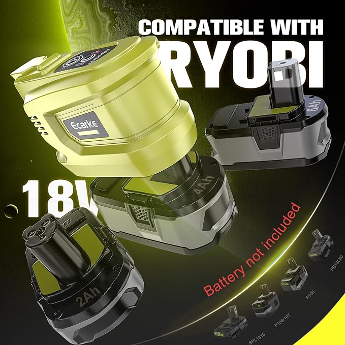Portable Power Inverter Compatible with Ryobi,Ecarke Real 200W Outdoor Generato Battery Converter with 2 USB&LED&AC Powered Outlet,Convert DC 18V to AC 110V Portable Power Station(No Battery)