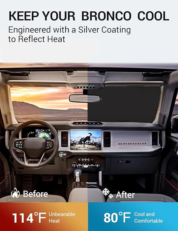Proadsy Upgrade Windshield Sun Shade Custom Fit Ford Bronco 2/4-Door 2021-2024 2025 Foldable Front Sunshade Protector Blocks UV Rays Keep Car Cooler