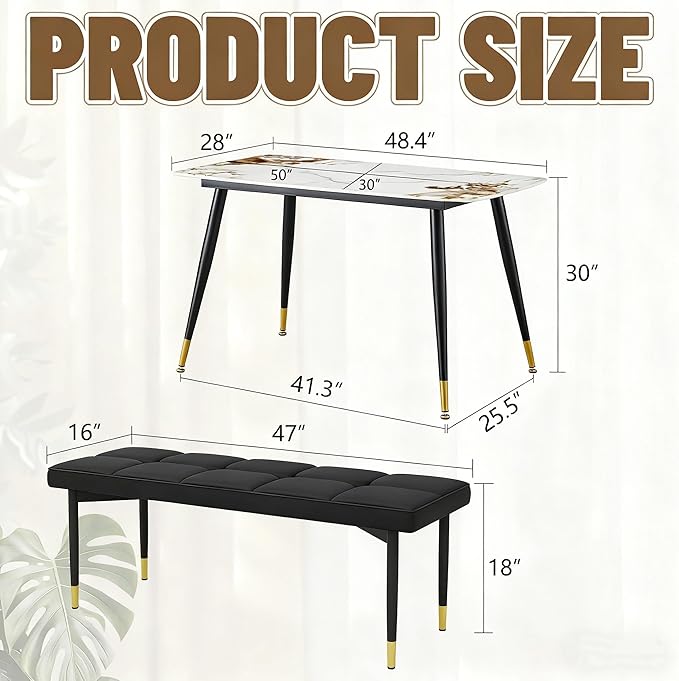 Modern Dining Table Set for 4 Marble Kitchen Table Set with 2 Upholstered Benches 3-Piece Dining Room Table and Bench Set for Breakfast Nook, Apartment(50" Marble Table+2Benches)