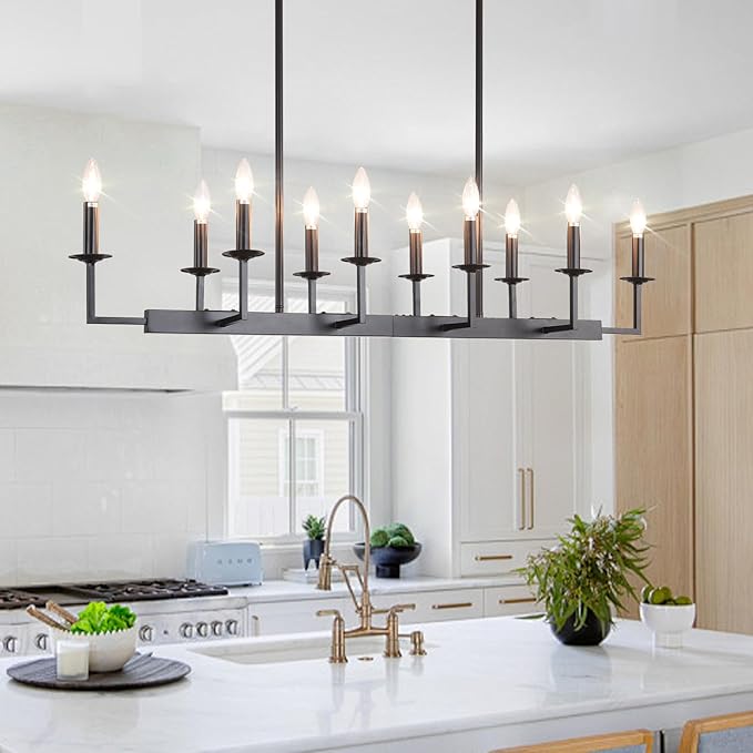 48-Inch Rustic Black Linear Chandelier,Extra Long Candle Chandelier,Black Light Fixture for Dining Room Living Room Kitchen Island, Modern Rectangular Chandelier(10-Light,Bulbs Not Included)