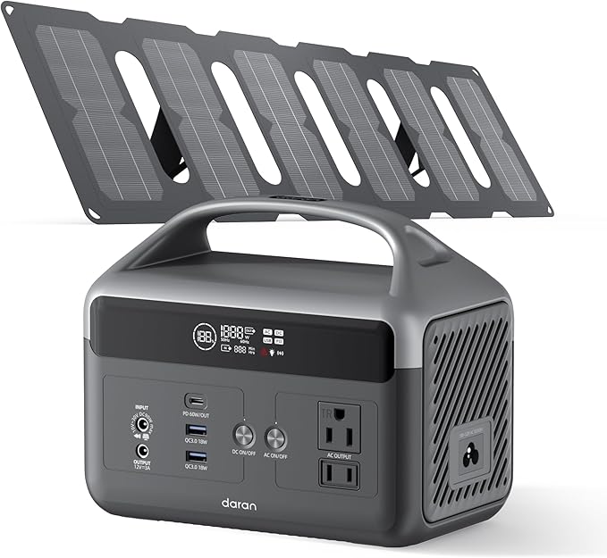 Portable Power Station with Foldable Solar Panels 40w, DaranEner 300w Lifepo4 Battery 60W USB-C Pd, 192Wh Fast Recharge Home Backup Power Bank, Lightweight Solar Generator for Camping, Outdoor Travel