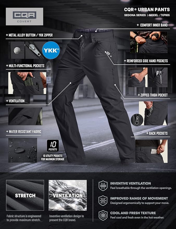 CQR Men's Vent Stretch Pants, Quick Dry Lightweight Casual Cargo Pants, Water Resistant Straight-Fit Utility Work Pants