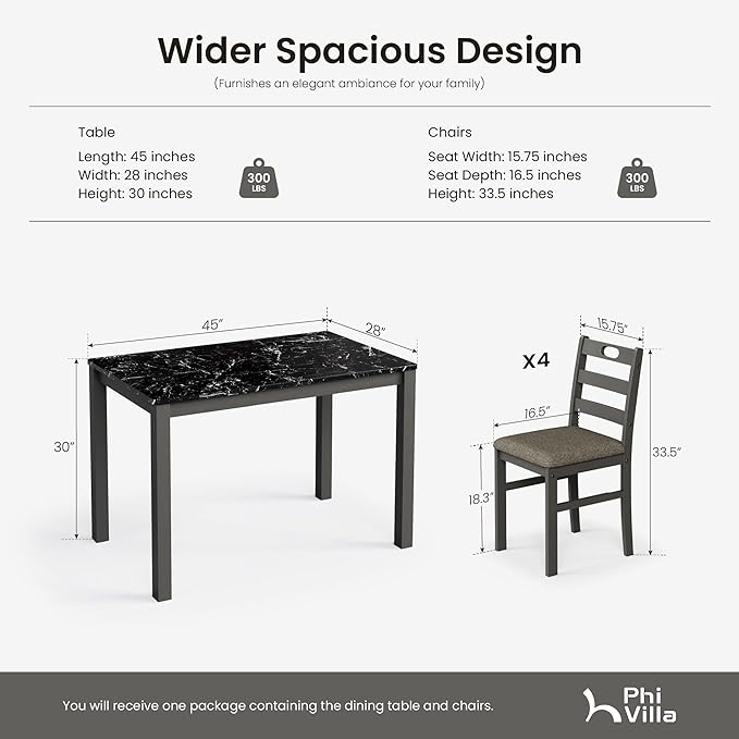 PHI VILLA Dining Table Set for 4, Modern Farmhouse Kitchen Table Set, Faux Marble Dining Table and 4 Cushioned Chairs, Solid Rubber Wood Dining Room Table Set, Veined Black Marble& Gray