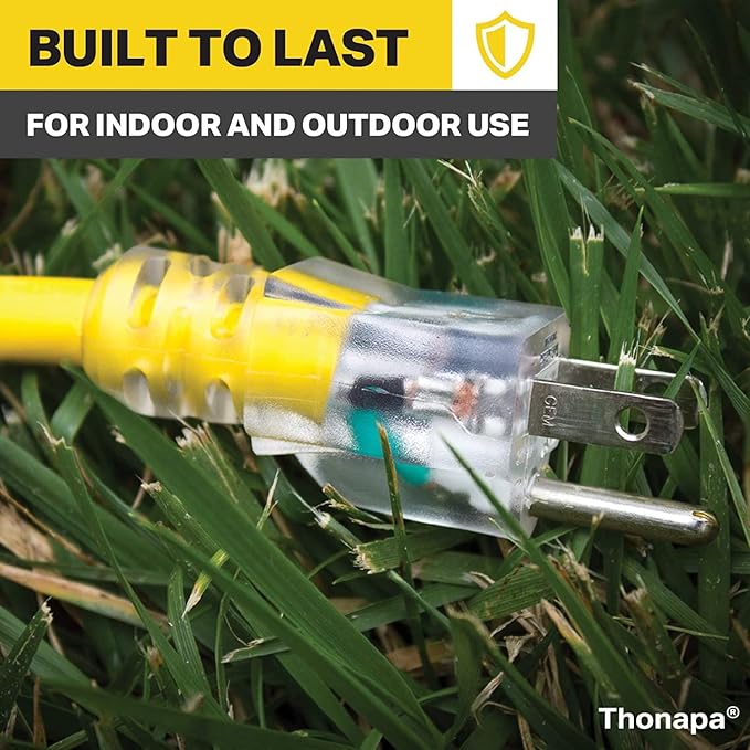 Lighted Outdoor Extension Cord 75 ft - 12 Gauge 15 Amp Heavy Duty Power Extension Cords - SJTW - Great for Major Appliances, Power Tools, Garden Supplies - Yellow