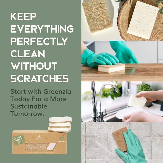 Greenzla Kitchen Sponges, Plant-Based Dish Sponges, Non-Scratch Sisal Hemp Scouring Pads for Dishes, Countertops, Bathtubs, and Tiles, 12 Pack