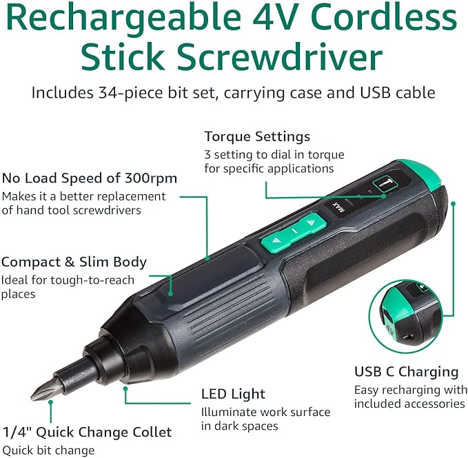 Amazon Basics by SKIL 4V Cordless Stick Screwdriver with 34-Piece Bit Set, Carrying Case, USB Charging, LED Work Light, 3 Torque Settings