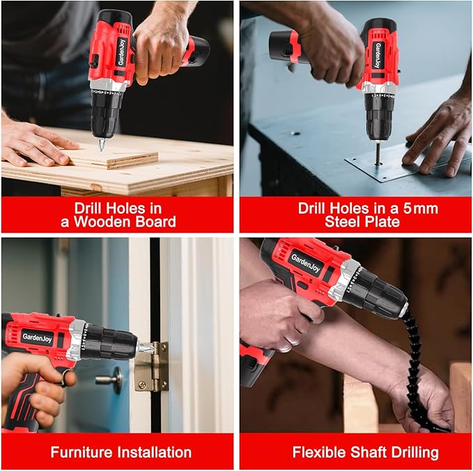 12V Cordless Drill Kit, Red, 2 Batteries & Fast Charger Included, Lightweight, 2-Speed Control, 3/8" Keyless Chuck, 24+1 Torque, LED Light for DIY Wood/Metal