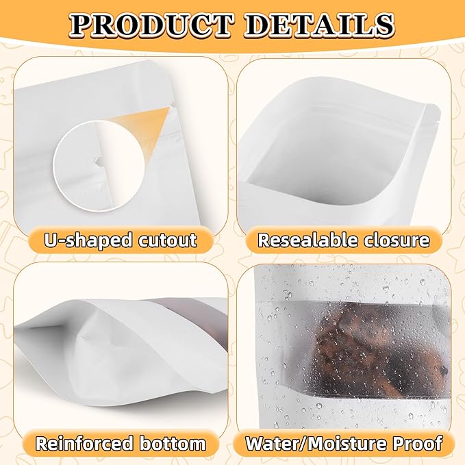 Food Bags 100 Pack Granola Trail Mix Bags Mylar Bags with Window Resealable Mylar Stand Up Pouches Wax Melt Candy Bar Tea Packaging Beef Jerky Chip Bag Bolsas para Carne Seca (7.9"x11.8")