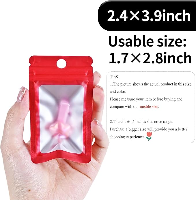 100 Pack Resealable Plastic Bags for Food Storage, Zipper Bags with Clear Front Window, Packaging Pouch for Small Business (Red, 2.4x3.9 inch)