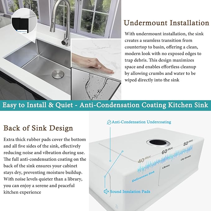 27 Inch Undermount Kitchen Sink - Delironexu 16 Gauge Stainless Steel Sinks, 27''x18'' Single Bowl Kitchen Sinks, Undermount Sink with 4 Accessories