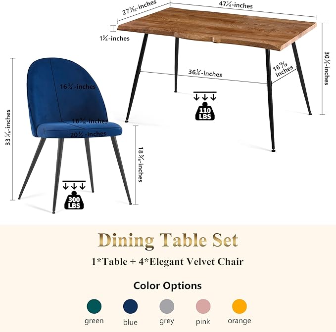 Modern Dining Table Set for 4,Stylish Rectangular Kitchen Table with Chairs Set, Compact Breakfast Dinner Table Set & Armlss Beautiful Dining Chair Velvet with Strong Metal Legs for Indoor