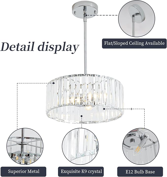 3-Light Modern Crystal Chandelier for Dining Room,Small Gold Semi Flush Mount Ceiling Light Fixtures,12'' Round Kitchen Hallway Pendant Lighting Fixture, for Entryway Foyer Laundry Room